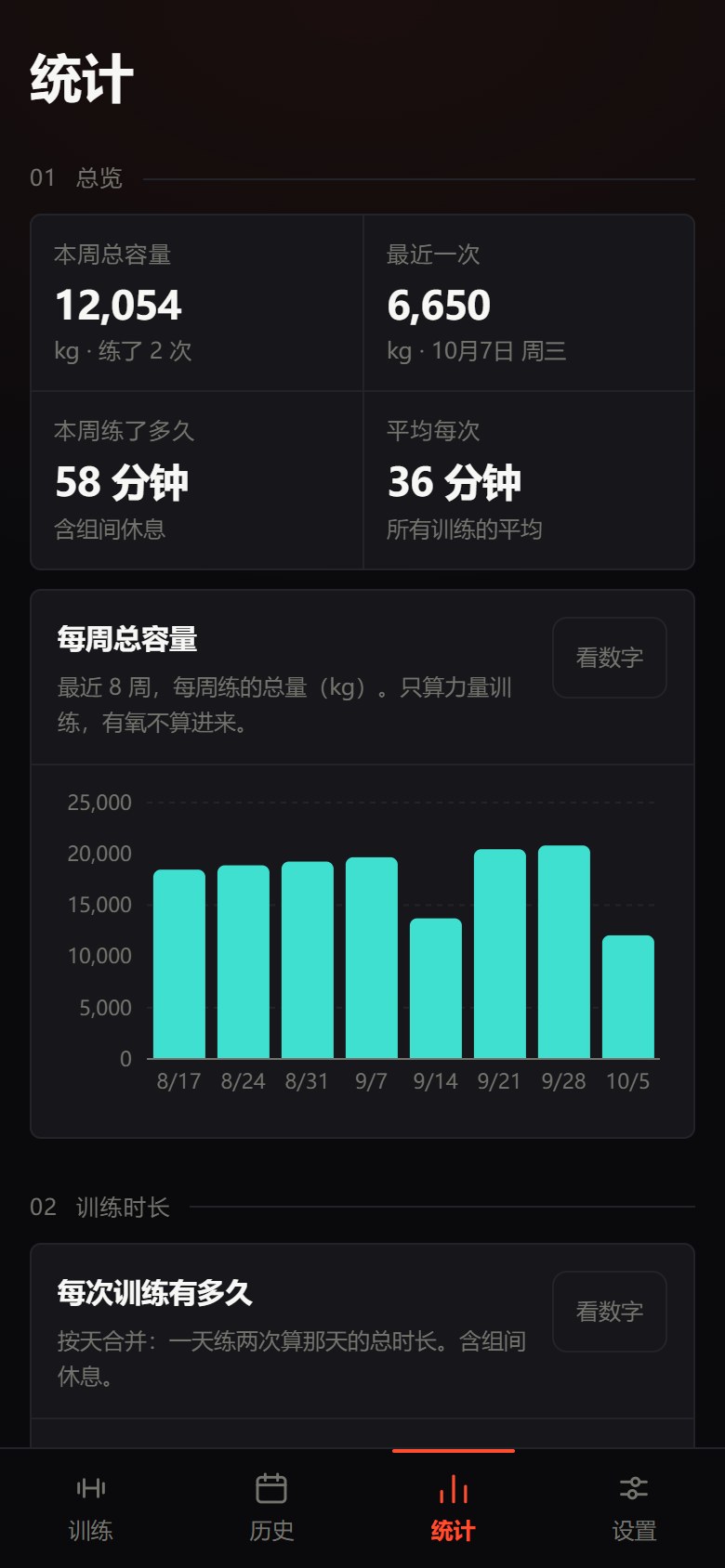 NanoFIT 统计页:容量、1RM 与训练时长趋势